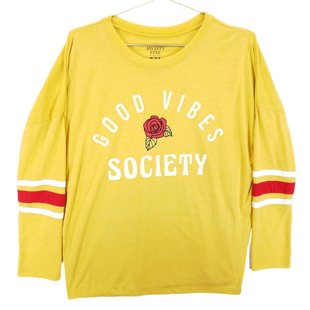 Mighty‎ Fine Shirt Womens Medium Heather Yellow Good Vibes Society Long Sleeve